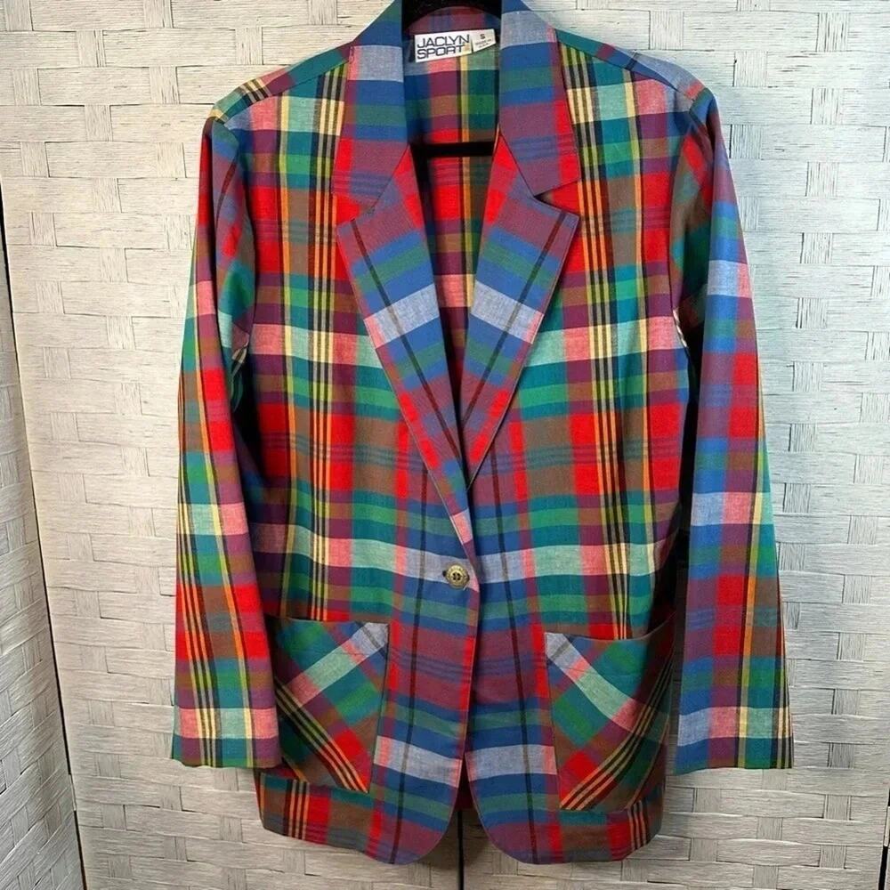 Vintage Jaclyn Womens blazer colorful plaid summer spring career feminine pocket